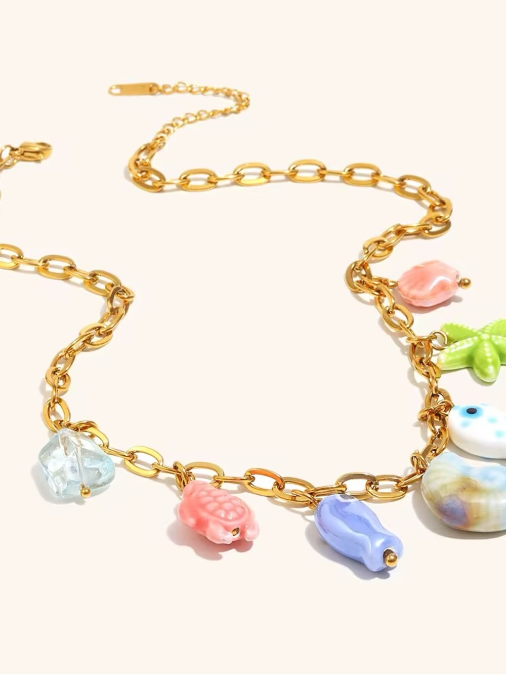 Gold Chain Charm Necklace with Porcelain Pastel Sea Glass & Shell Charms
